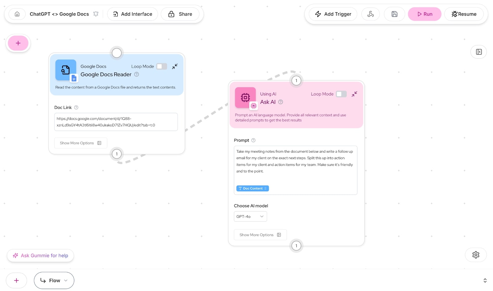 Google Docs Reader to Ask AI node