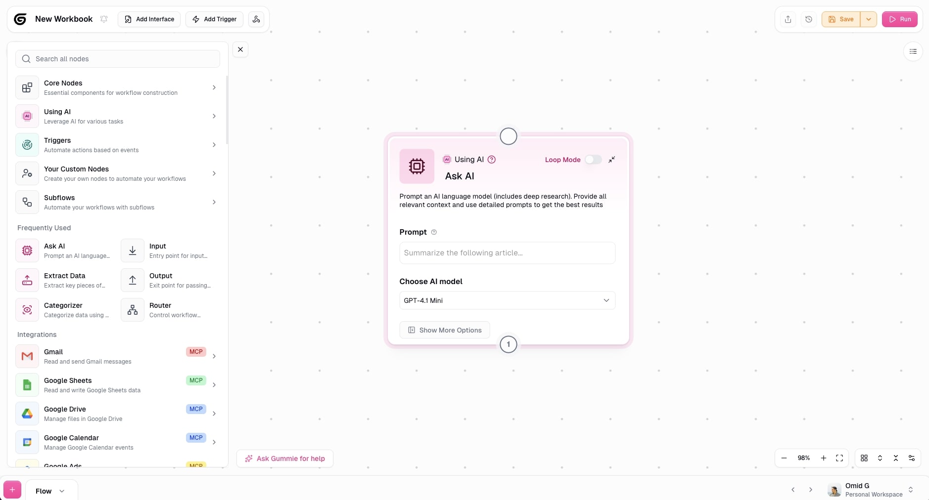 Ask AI node in the Cohorva canvas