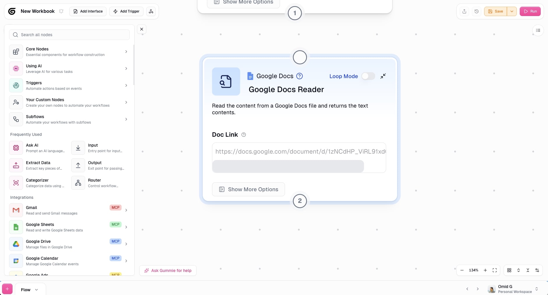 Google Docs Reader node in Cohorva