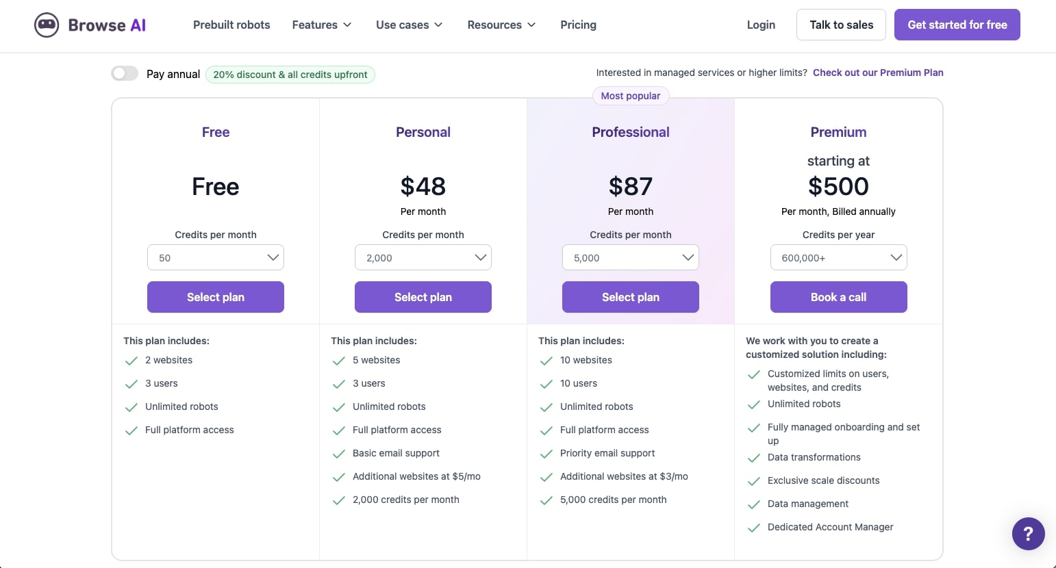 Browse AI pricing