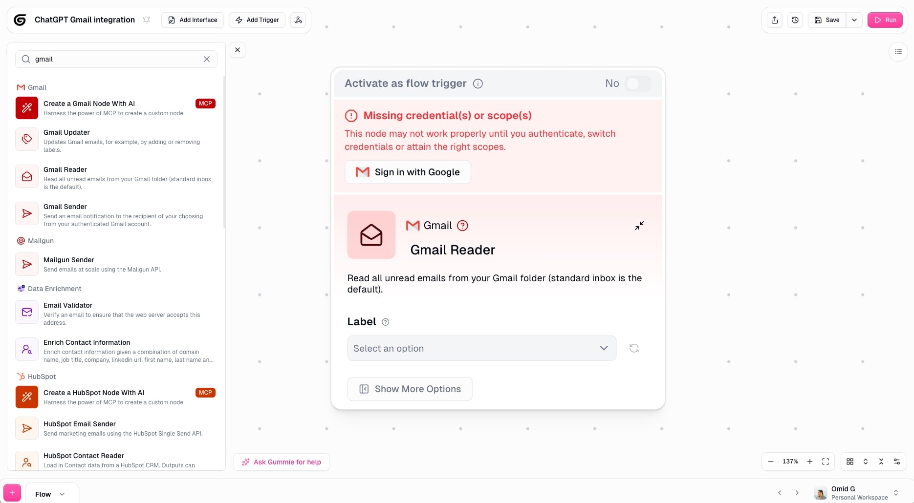 Gmail Reader node