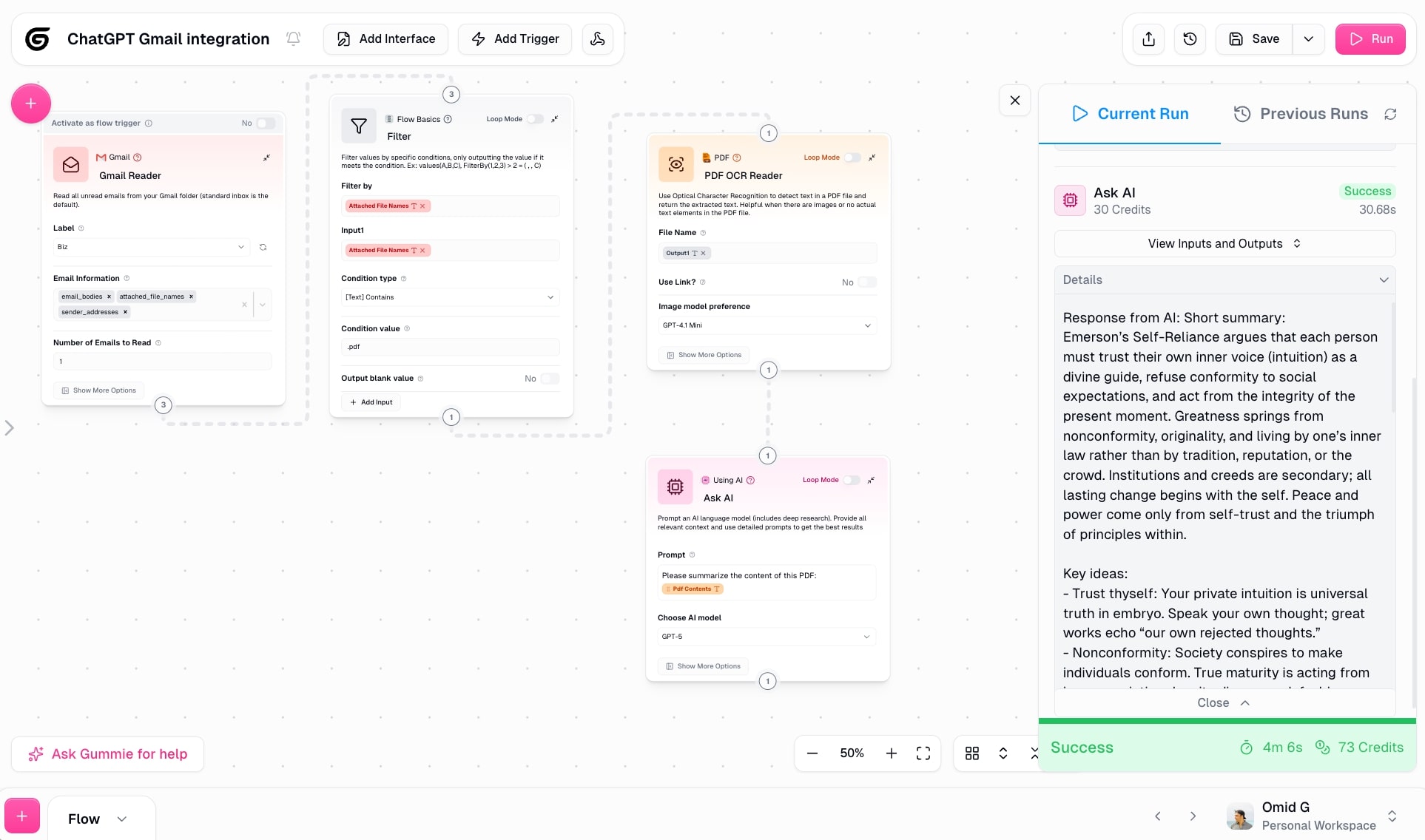 Successful ChatGPT Gmail integration workflow run