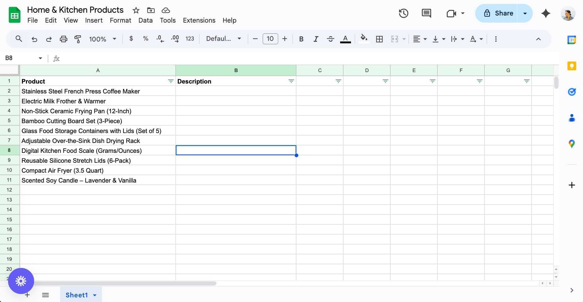 Google Sheet example
