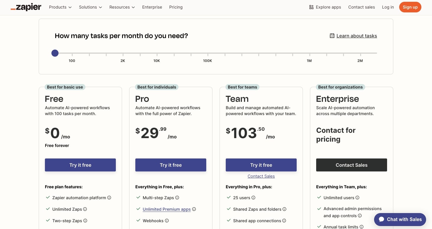 Zapier pricing page