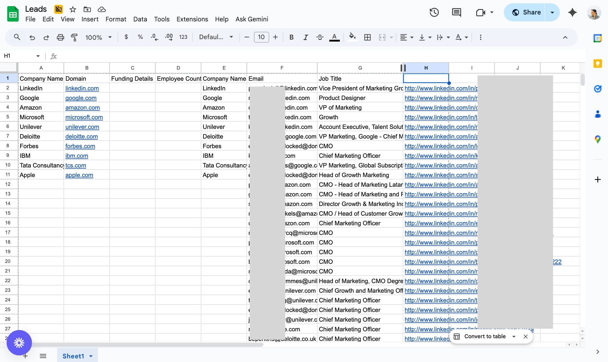 Completed lead generation sheet
