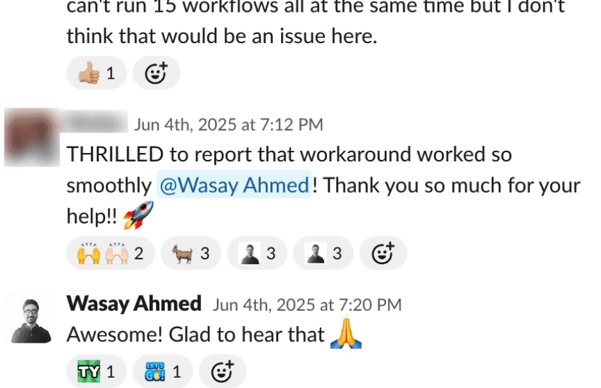 A screenshot of a Slack message from a Cohorva customer. The message has the animated custom emoji reaction "wasay_intensifies" in honor of Wasay, one of Cohorva's support team.