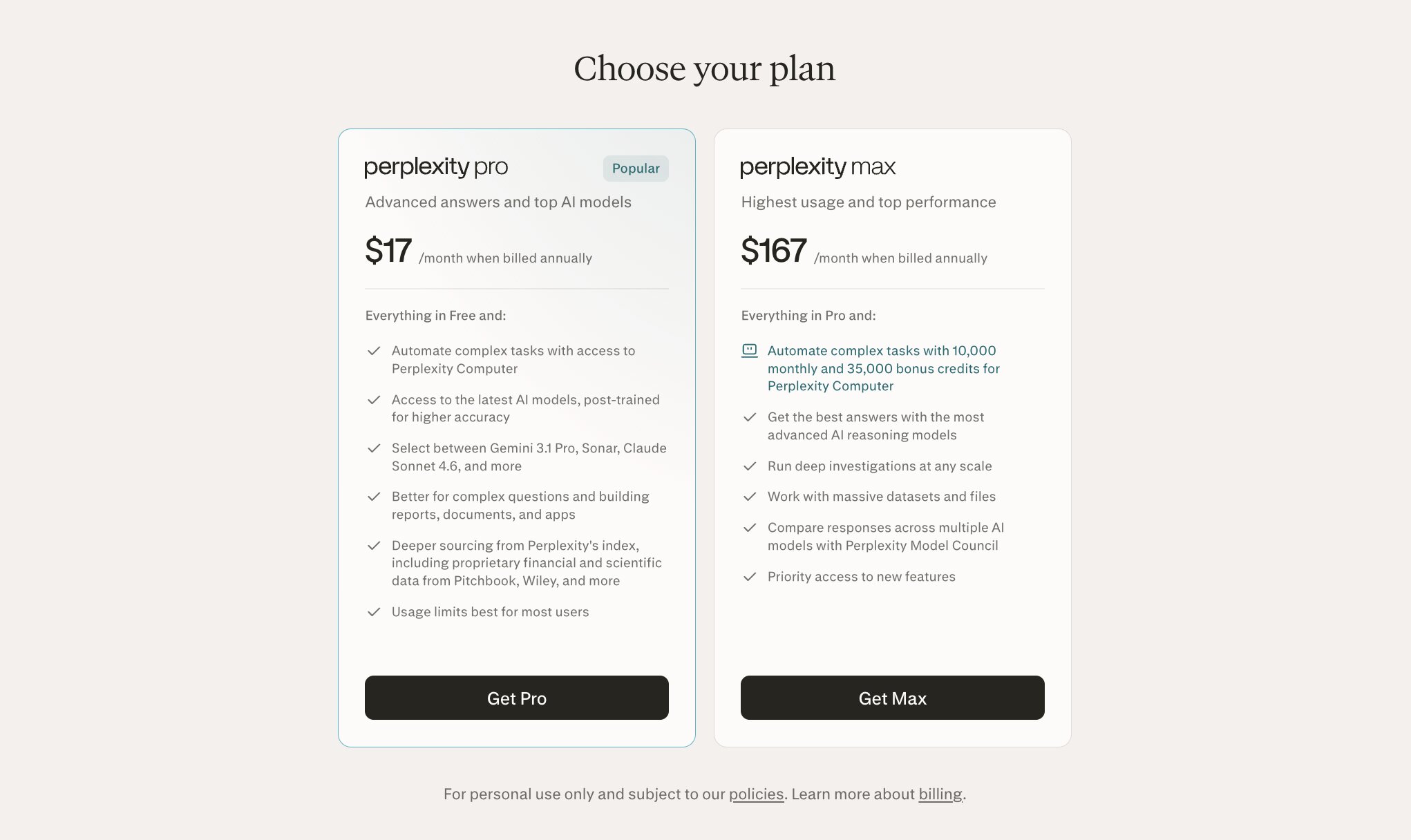 Perplexity pricing plans