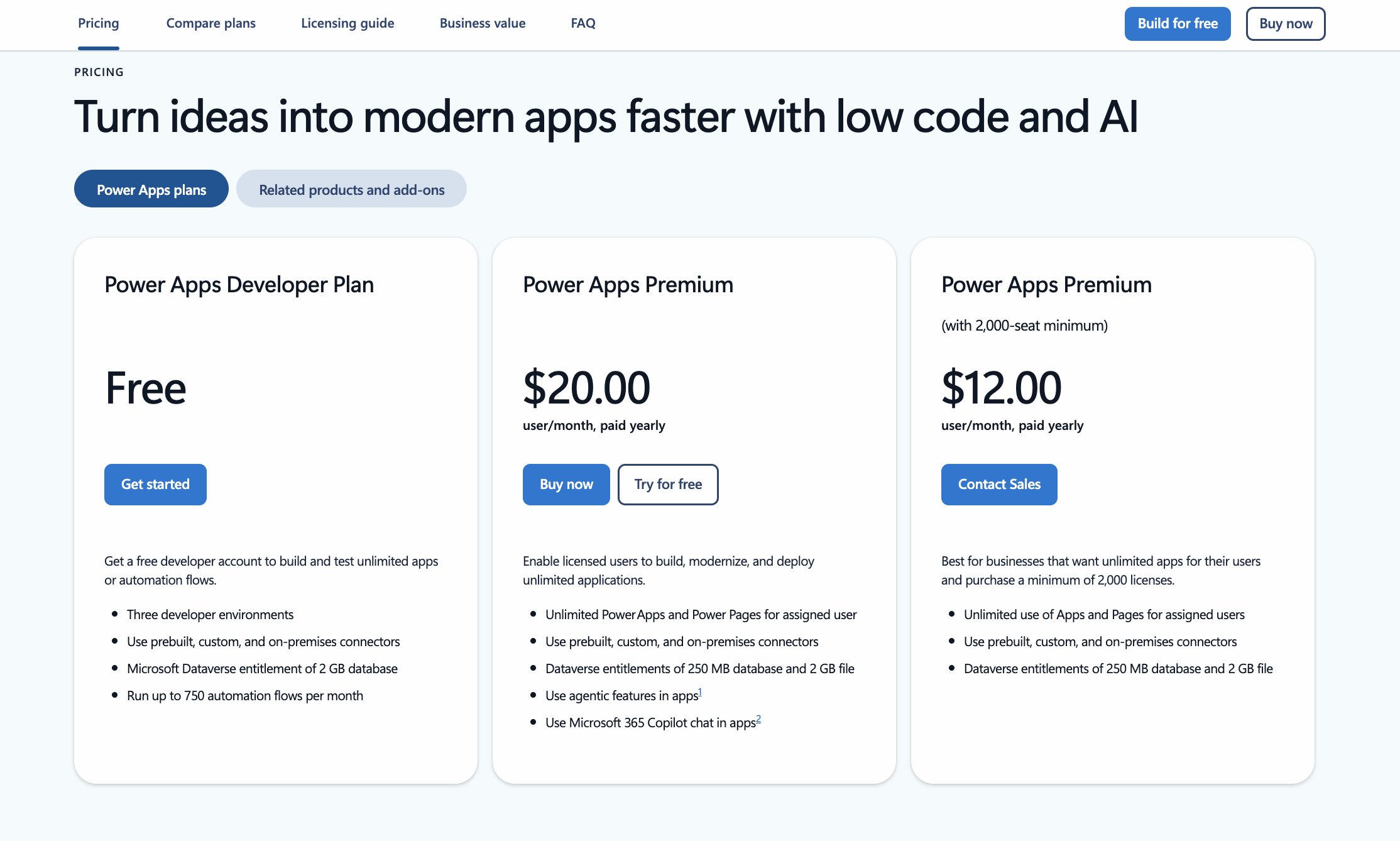 Microsoft Power Apps pricing