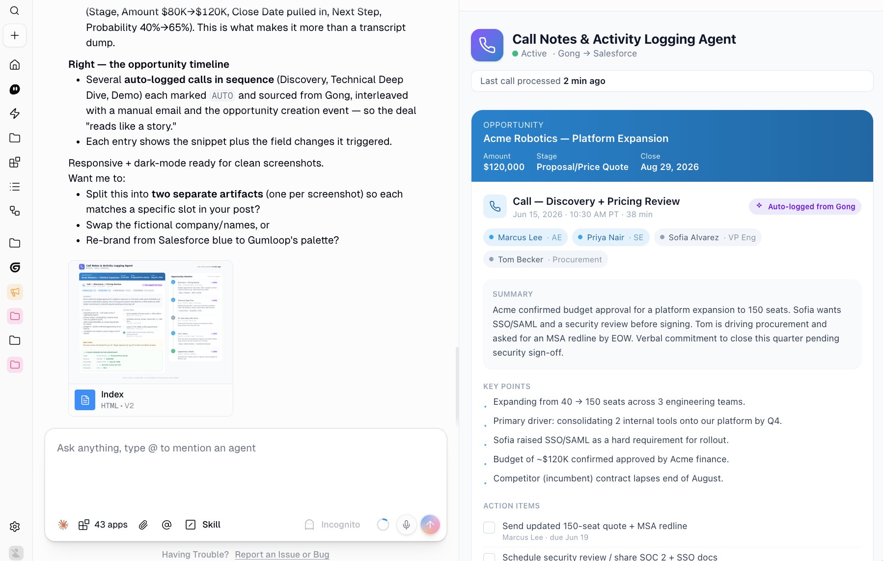 Call notes agent from Salesforce and Gong