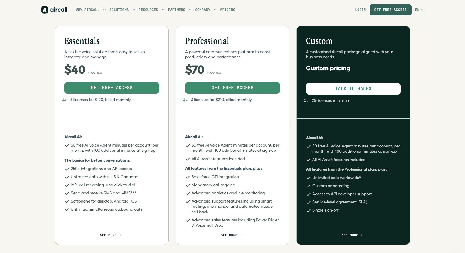 Aircall pricing plans