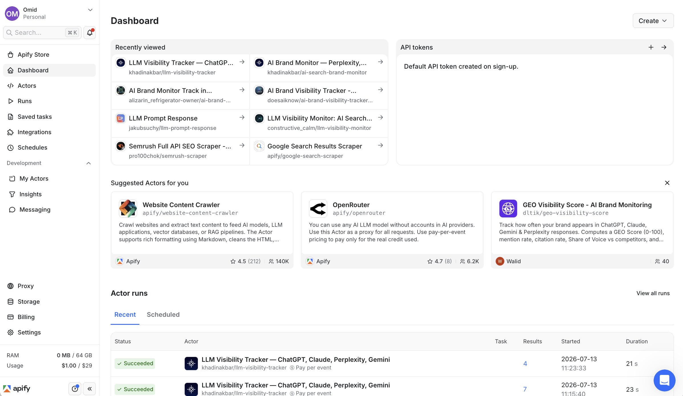 Apify dashboard