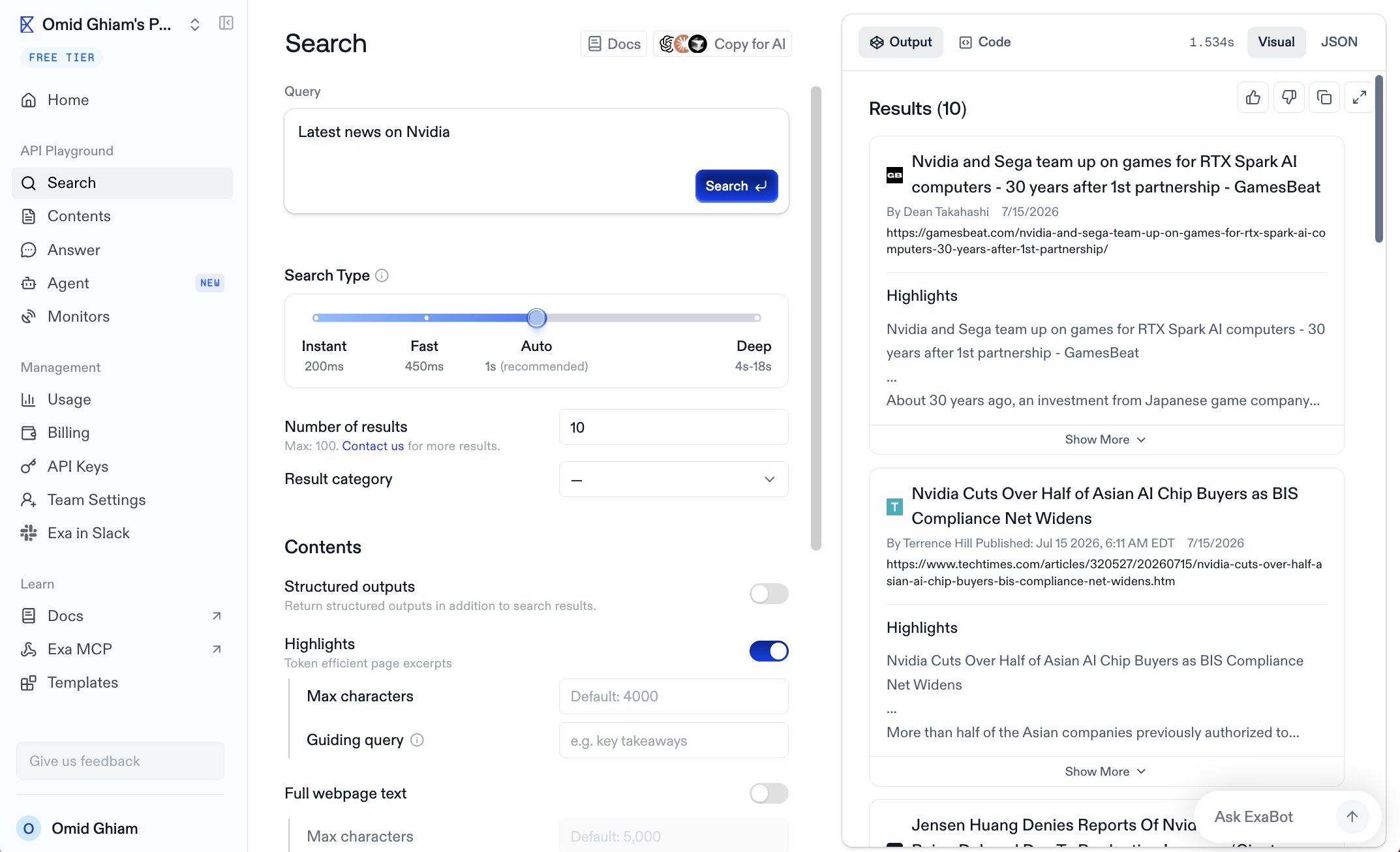 Exa AI dashboard