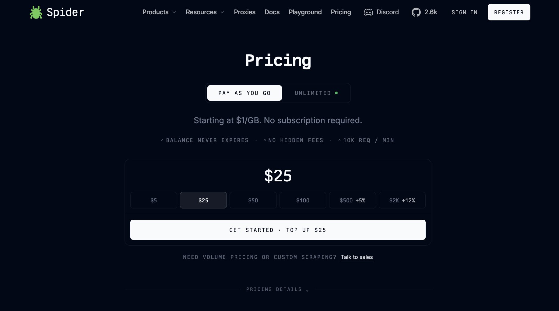 Spider AI Web Crawler pricing