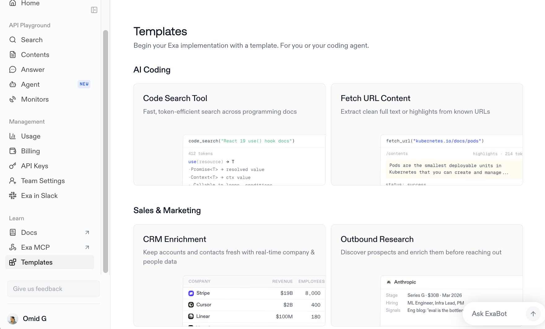 Exa templates and integrations