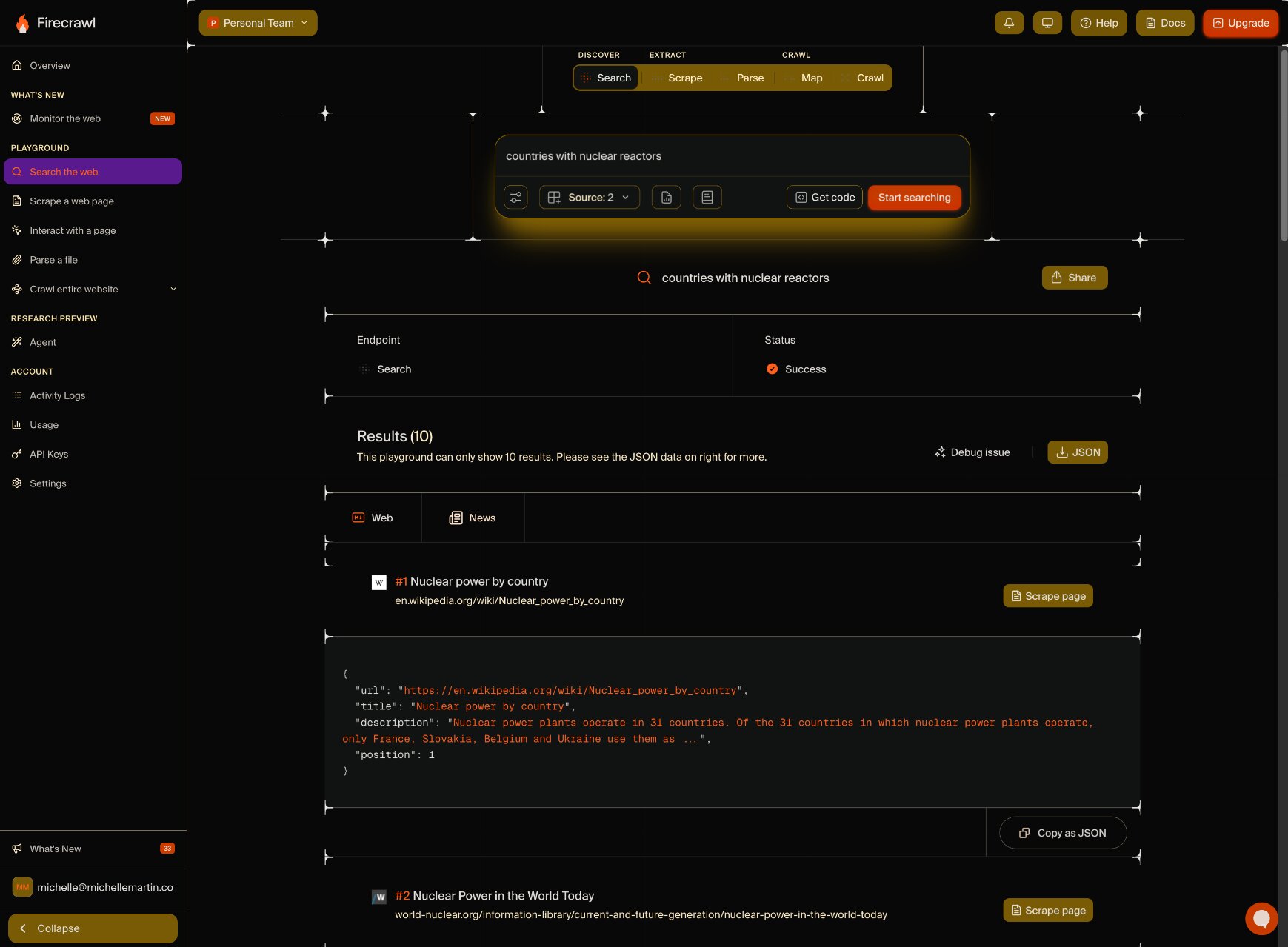 Firecrawl search dashboard